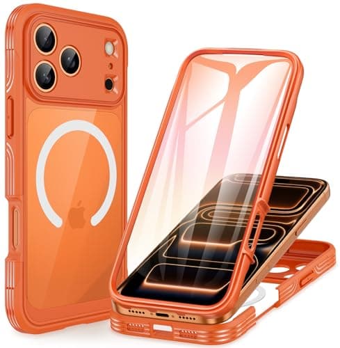 CENHUFO Magnétique Coque iPhone 17 Pro Max Intégrale 9H Protection Écran et Caméra, Antichoc Compatible MagSafe - Noir — Orange