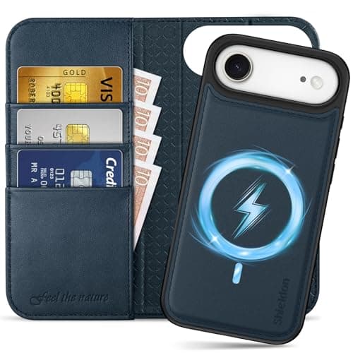Shieldon Coque Amovible Cuir Véritable pour iPhone 17 Pro Max - Coque Recharge Sans Fil & Portefeuille 2 en 1 Bleu Marin — Bleu Marine