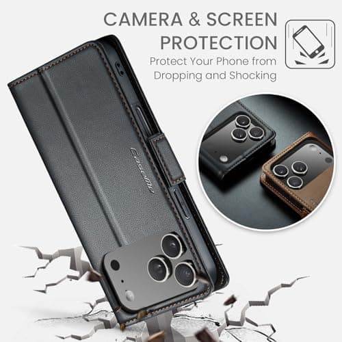Phernykas Coque iPhone 17 Pro Max Noir Étui Portefeuille Wallet en Cuir PUProtection Antivol Folio Magnétique RFID