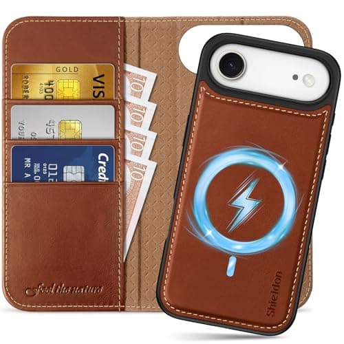 Shieldon Coque Amovible Cuir Véritable pour iPhone 17 Pro Max - Coque Recharge Sans Fil & Portefeuille 2 en 1 Bleu Marin — Rétro - Brun