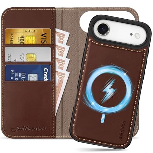 Shieldon Coque Amovible Cuir Véritable pour iPhone 17 Pro Max - Coque Recharge Sans Fil & Portefeuille 2 en 1 Bleu Marin — Rétro - Café