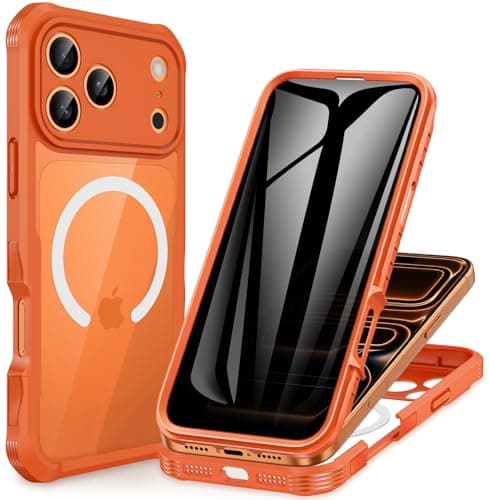 CENHUFO Magnétique Coque iPhone 17 Pro Max Intégrale 9H Protection Écran et Caméra, Antichoc Compatible MagSafe - Noir — Anti Espion Orange