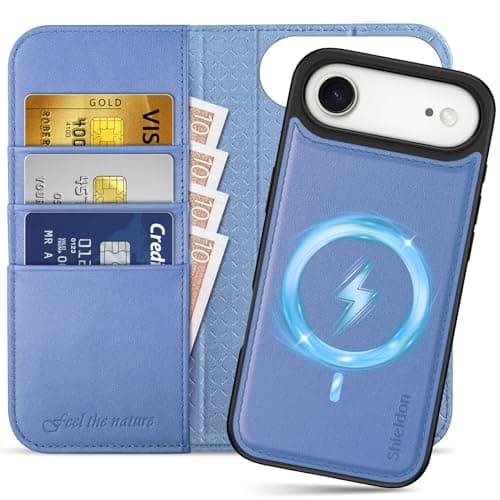 Shieldon Coque Amovible Cuir Véritable pour iPhone 17 Pro Max - Coque Recharge Sans Fil & Portefeuille 2 en 1 Bleu Marin — Violet Clair Glycine
