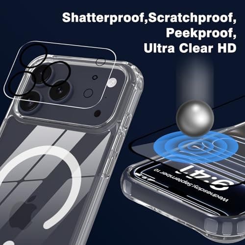 Nupcknn Magnétique Coque iPhone 17 Pro Max Magsafe | Protection Complète 2 Verres Trempés & 2 Caméras | Transparent Coll