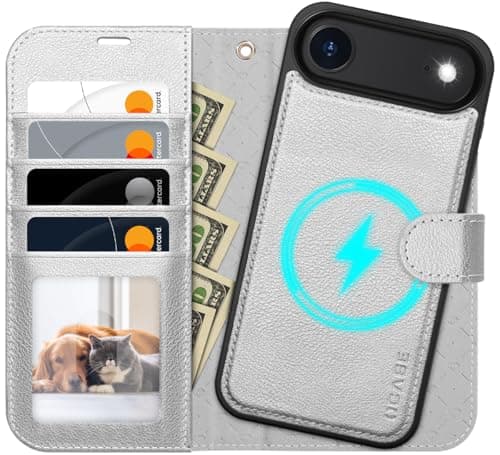 OCASE Coque iPhone 17 Pro 2-en-1 RFID Blocage Anti-Choc PU Cuir Portefeuille, Étui Étanche pour iPhone 17 Pro (6,3'', 20 — Argenté