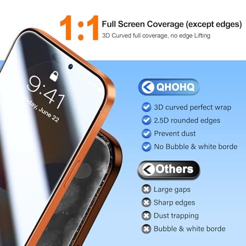 QHOHQ 3 Pièces Verre Trempé Anti-Espion pour iPhone 17 Pro Max - Protection Militaire 12 Pieds + Caméra Arrière, 25°Anti