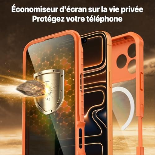 CENHUFO Magnétique Anti Espion Coque iPhone 17 Pro Orange 360° Antichoc Verre Trempé 9H Protection Caméra Compatible Mag