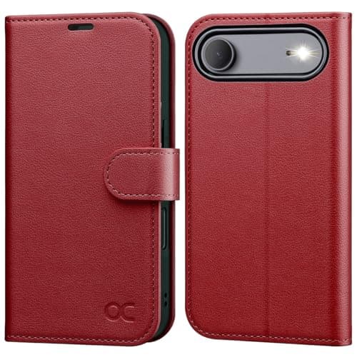 OCASE Coque en Cuir PU pour iPhone 17 Pro Max - Protection Antichoc et RFID Blocking - Noir — Litchi Rouge Foncé