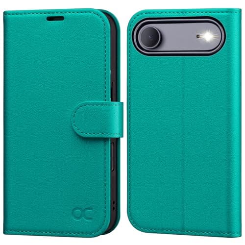 OCASE Coque en Cuir PU pour iPhone 17 Pro Max - Protection Antichoc et RFID Blocking - Noir — Litchi Bleu Vert