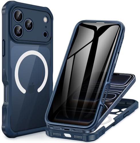 CENHUFO Magnétique Coque iPhone 17 Pro Max Intégrale 9H Protection Écran et Caméra, Antichoc Compatible MagSafe - Noir — Anti Espion Bleu
