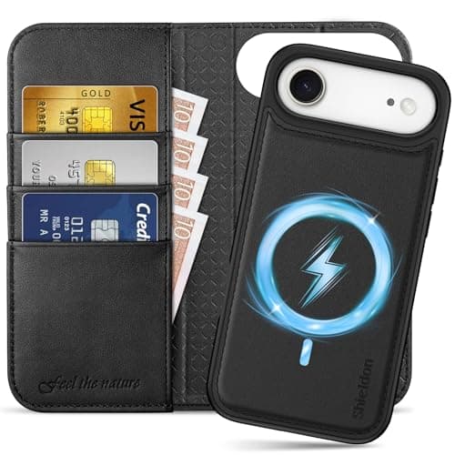 Shieldon Coque Amovible Cuir Véritable pour iPhone 17 Pro Max - Coque Recharge Sans Fil & Portefeuille 2 en 1 Bleu Marin — Black/Noir