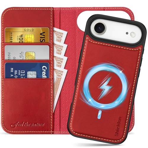 Shieldon Coque Amovible Cuir Véritable pour iPhone 17 Pro Max - Coque Recharge Sans Fil & Portefeuille 2 en 1 Bleu Marin — Rétro - Rouge