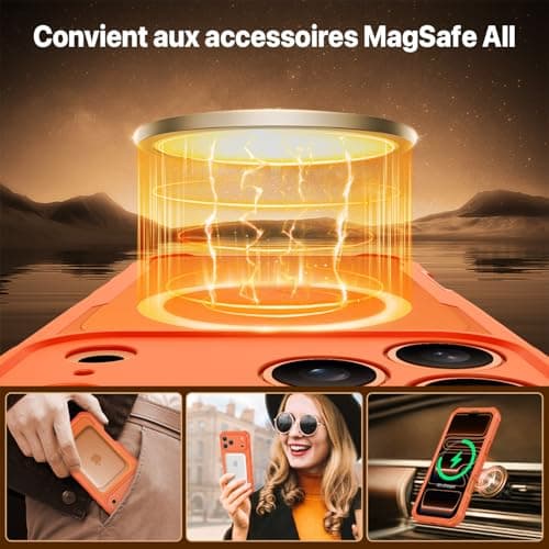 CENHUFO Magnétique Anti Espion Coque iPhone 17 Pro Orange 360° Antichoc Verre Trempé 9H Protection Caméra Compatible Mag
