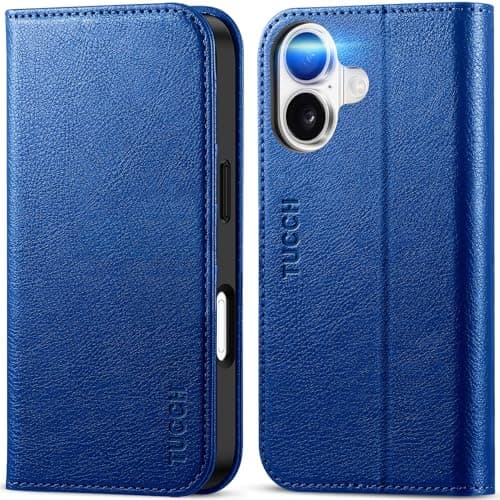 TUCCH Coque pour iPhone 17 5G 2025 Noir | Blocage RFID, Portefeuille à Clapet, Protection Antichoc TPU, Support 3 Fentes — Texturé - Bleu Saphir