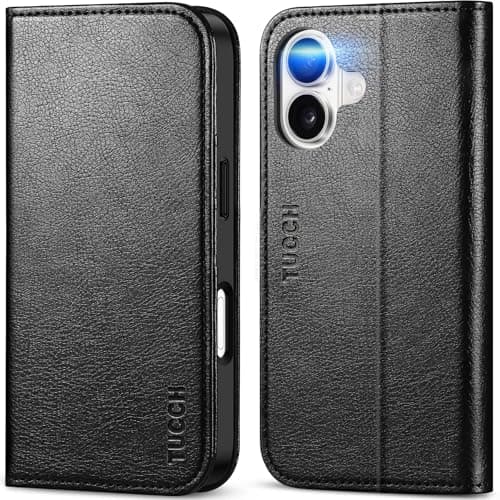 TUCCH Coque pour iPhone 17 5G 2025 Noir | Blocage RFID, Portefeuille à Clapet, Protection Antichoc TPU, Support 3 Fentes — Texturé - Noir