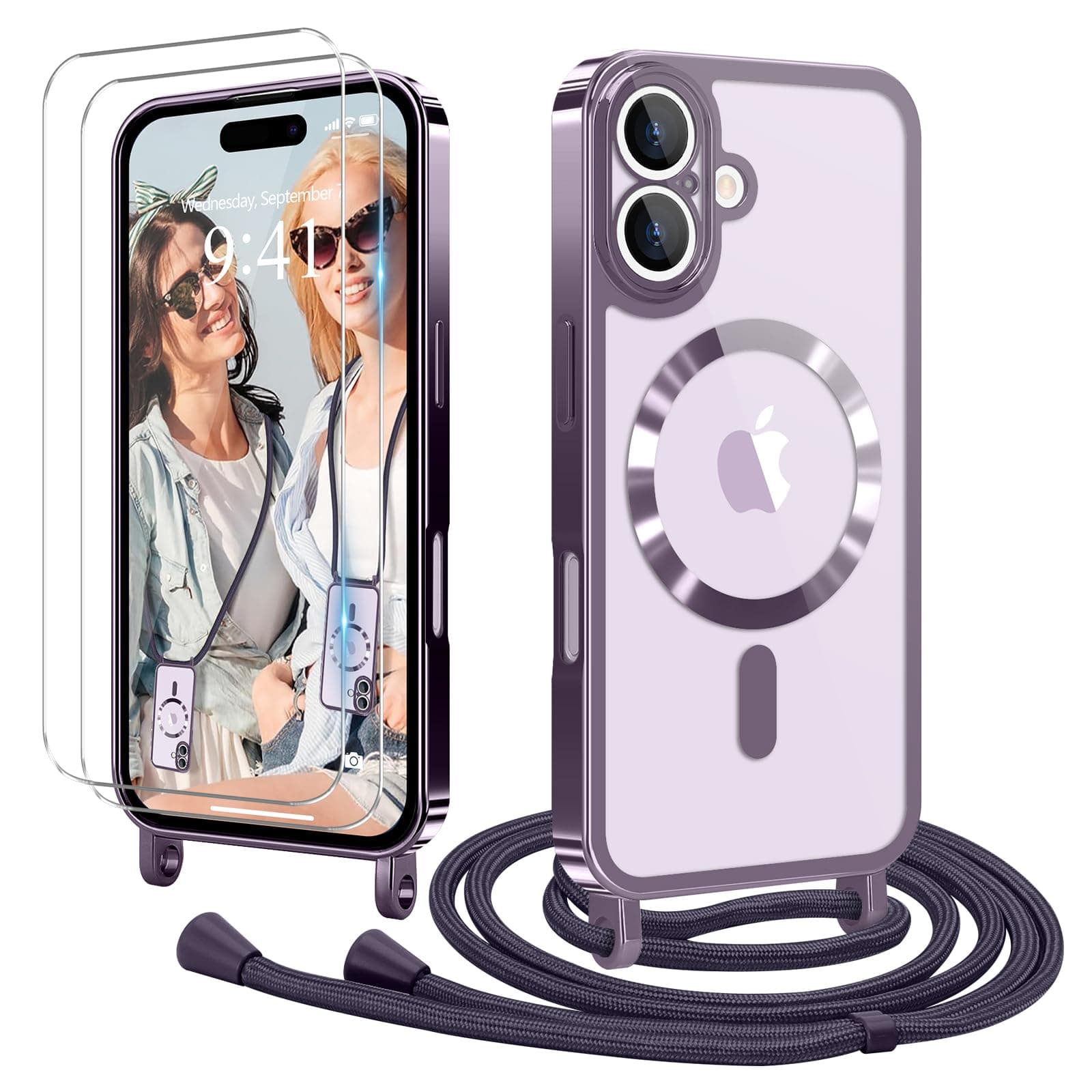 Coque Etanger pour iPhone 17 Violet avec Cordon Magnetique & 2×Verre Trempé