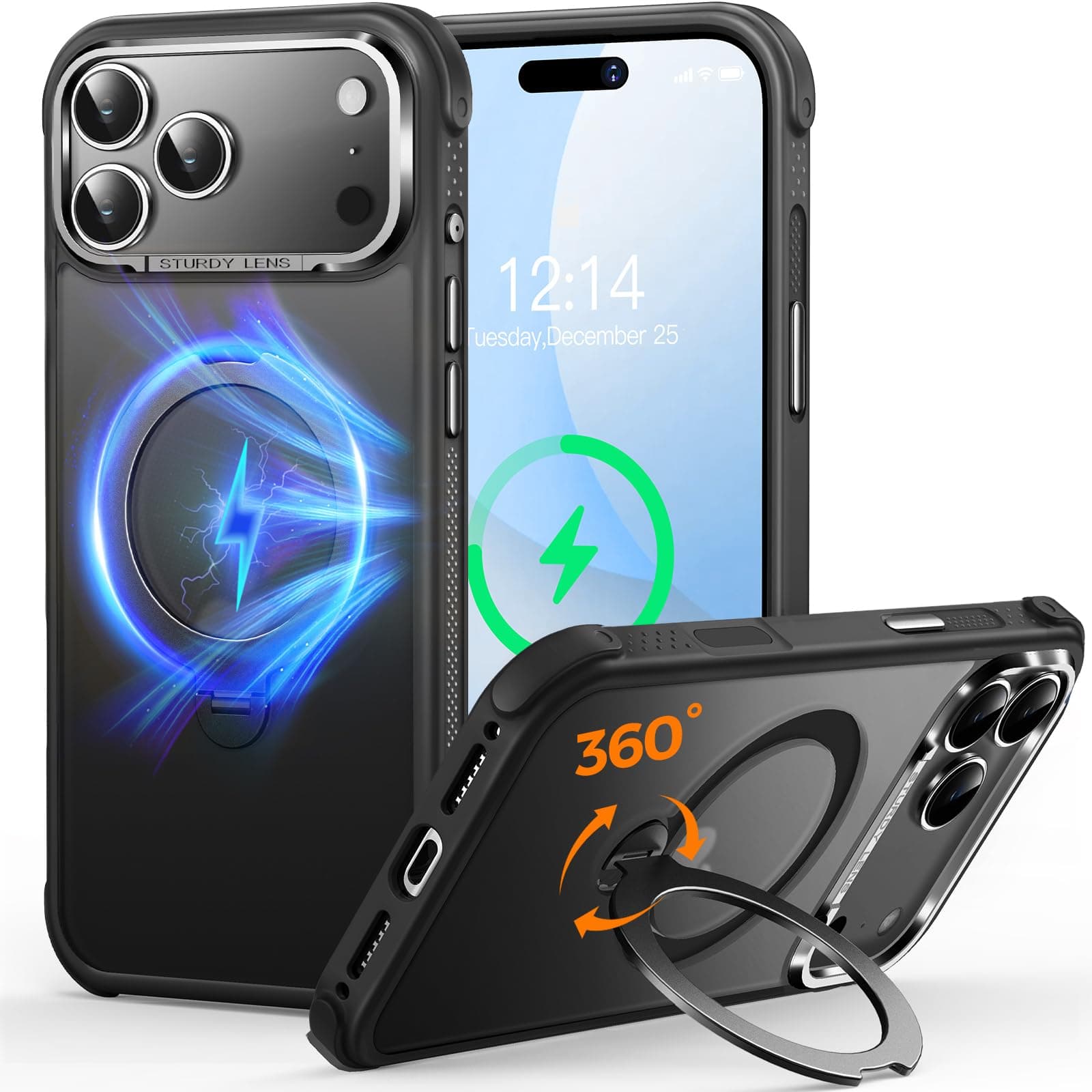 Coque O3 Mag-Stand pour iPhone 17 Pro Max Noir Mat [Béquille 360° Compatible MagSafe Toucher Peau Exceptionnel] 6,9" Mat