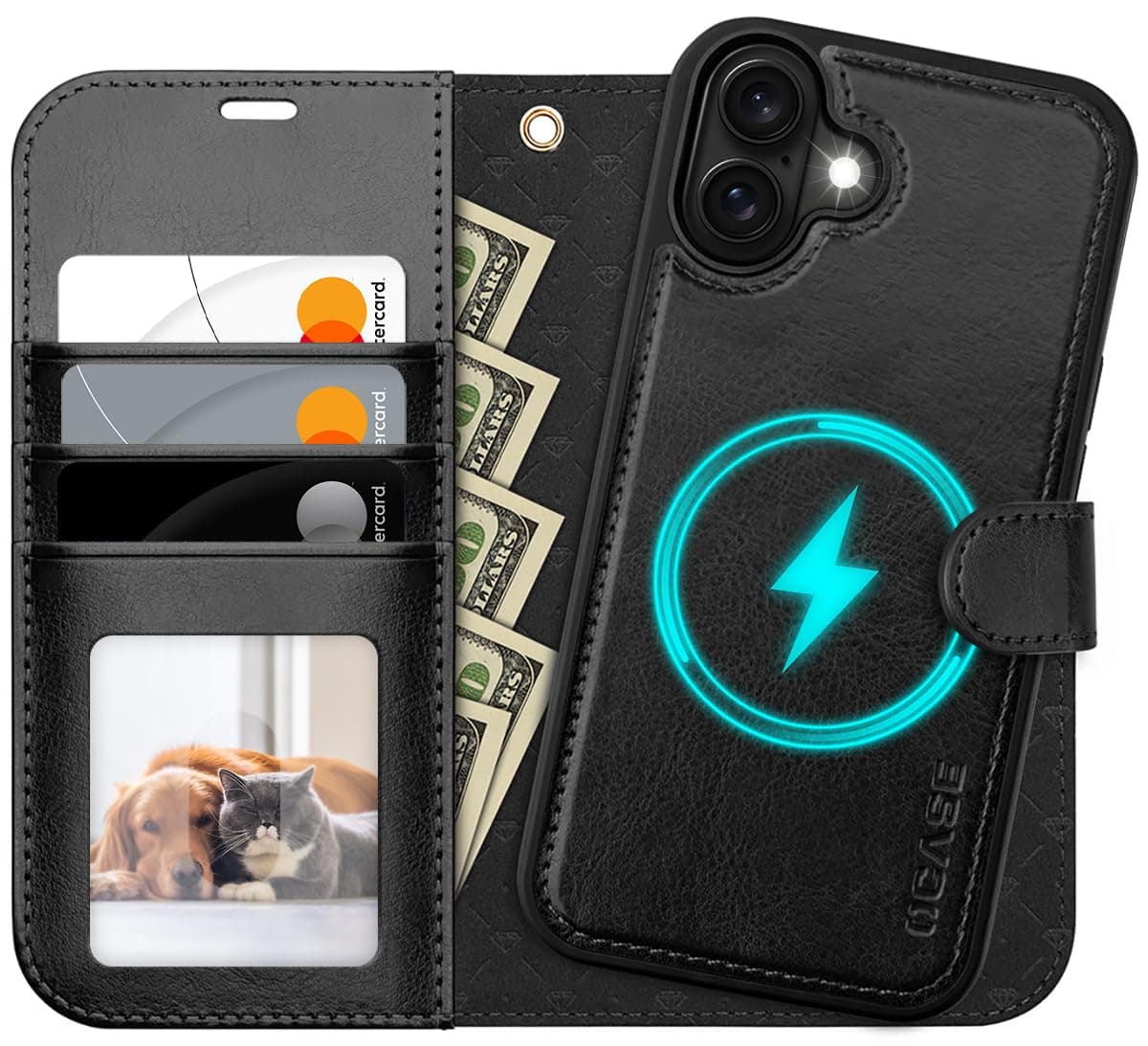 OCASE Coque Magnétique iPhone 17 Noir Portefeuille Rigide Protection Antichoc