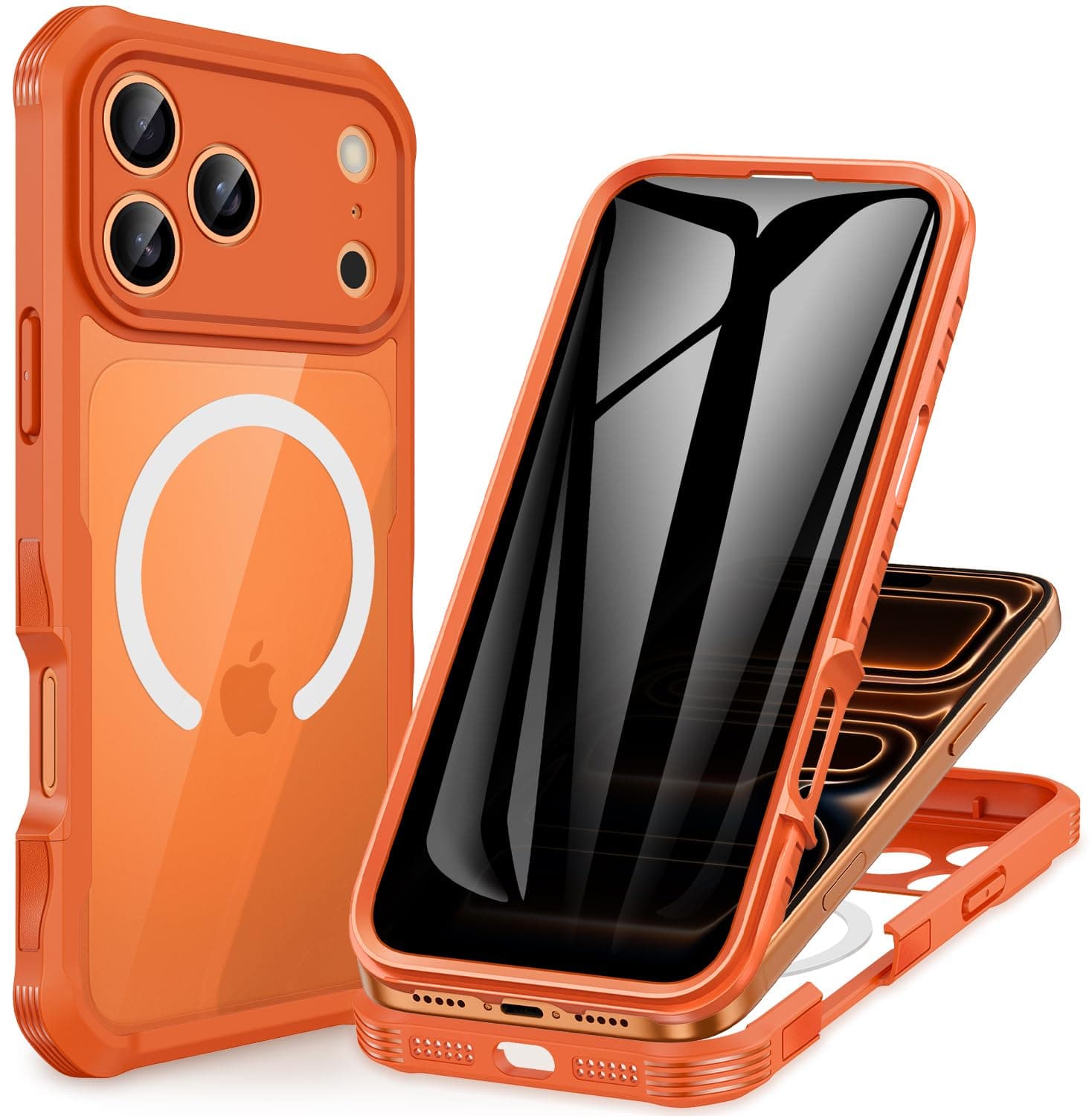 CENHUFO Magnétique Anti Espion Coque iPhone 17 Pro Orange 360° Antichoc Verre Trempé 9H Protection Caméra Compatible Mag