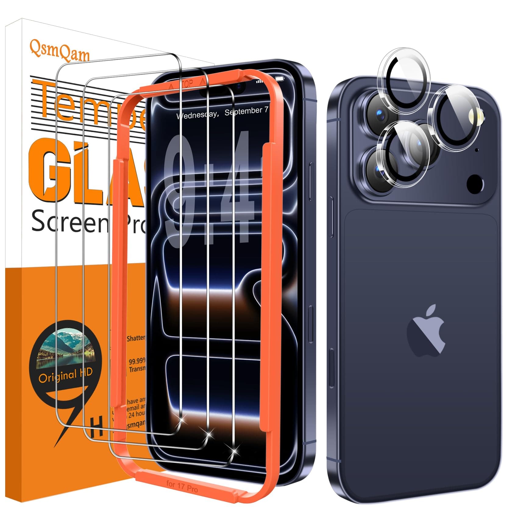 Verre trempé QsmQam 3 Pièces pour iPhone 17 Pro 6.3", Protection militaire écran 9H+, Caméra arrière protégée, Outils d'