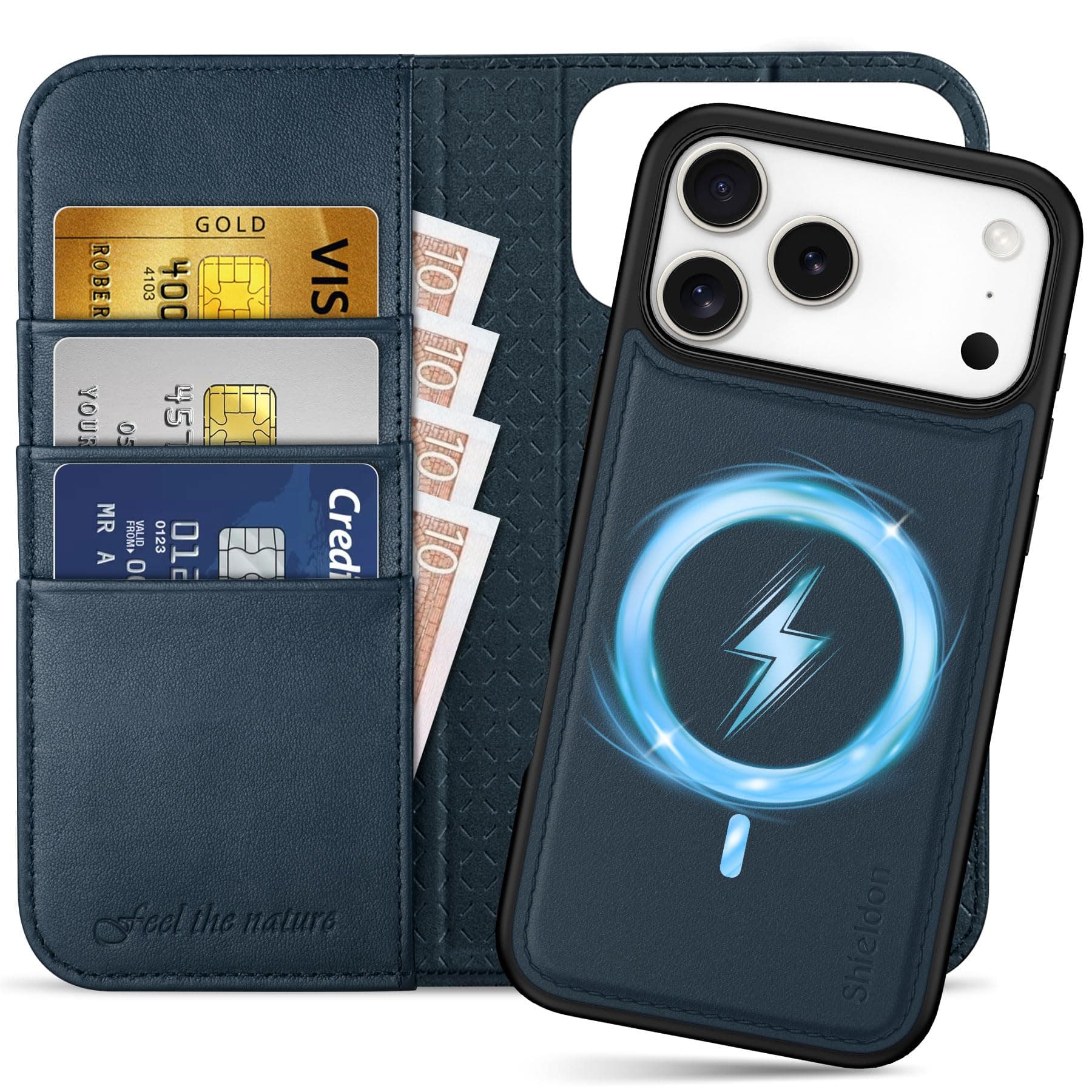 Shieldon Coque Amovible Cuir Véritable pour iPhone 17 Pro Max - Coque Recharge Sans Fil & Portefeuille 2 en 1 Bleu Marin