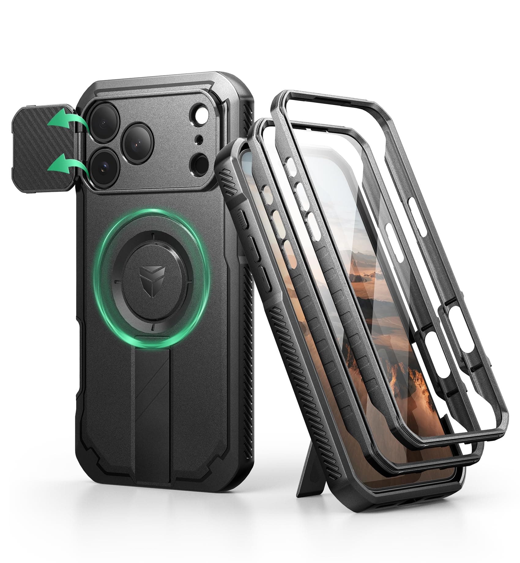 Dexnor iPhone 17 Pro Max - Coque Magnétique Authentique avec Cache Caméra Coulissant & Kickstand Pliable & Protecteur d'