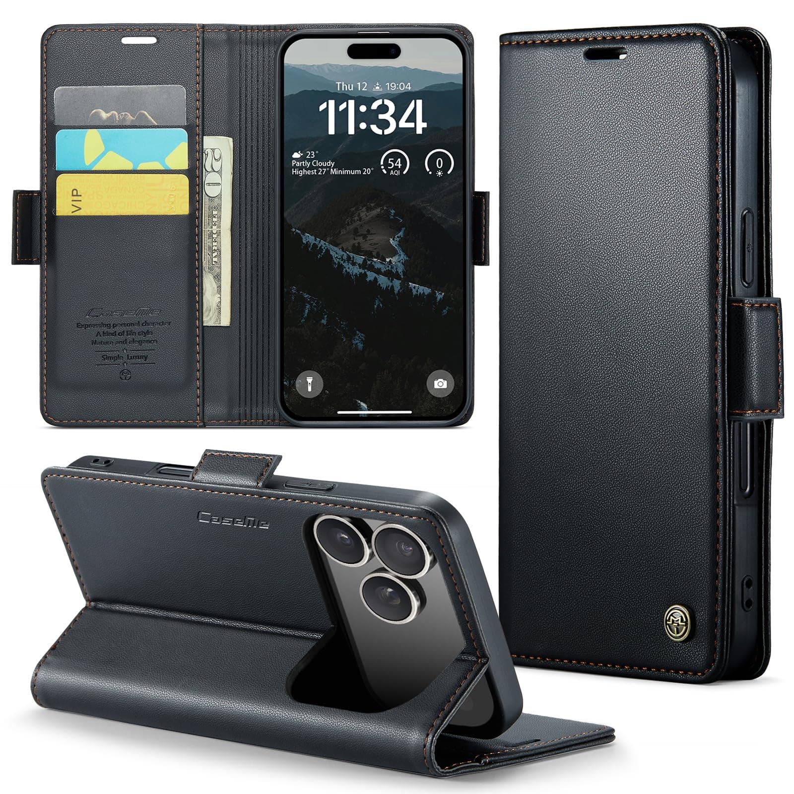 Phernykas Coque iPhone 17 Pro Max Noir Étui Portefeuille Wallet en Cuir PUProtection Antivol Folio Magnétique RFID